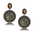 Vintage coin design dangle earrings for women with intricate detailing and colorful accents