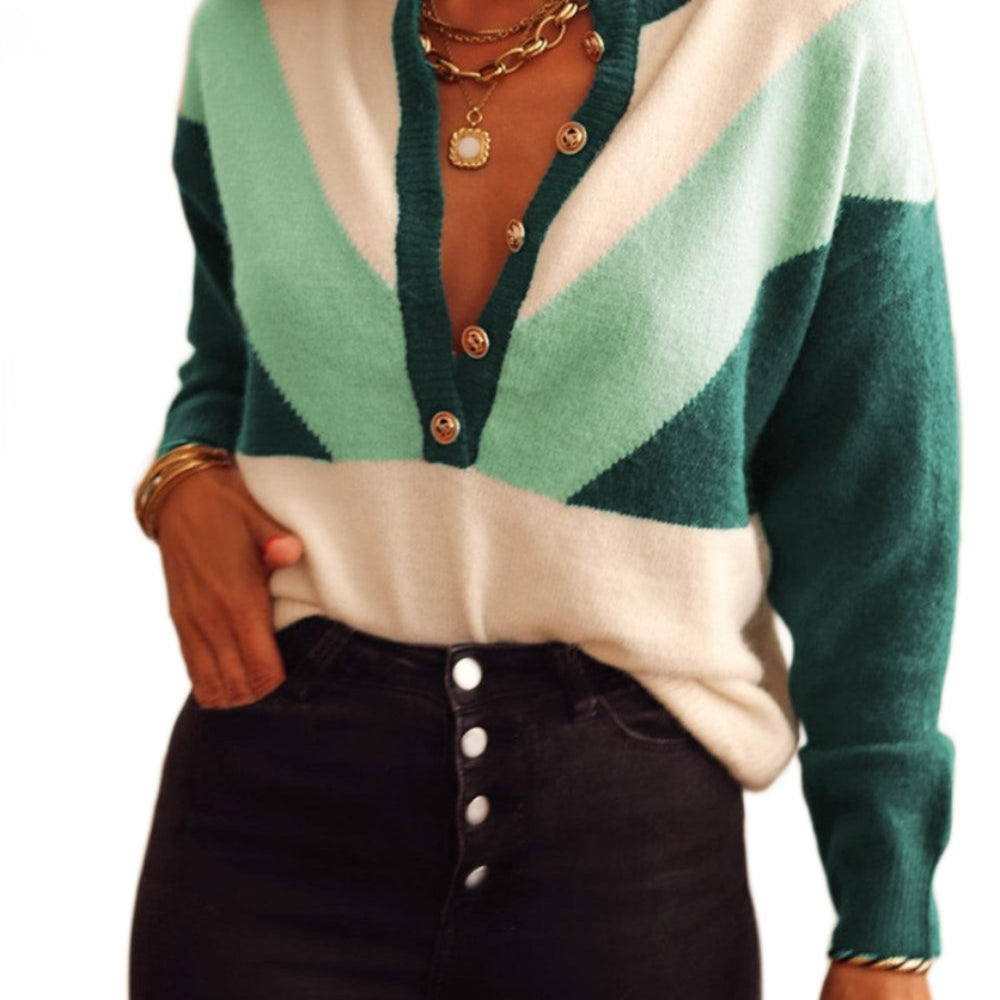 Women's Sweaters Color Block Buttoned Sweater