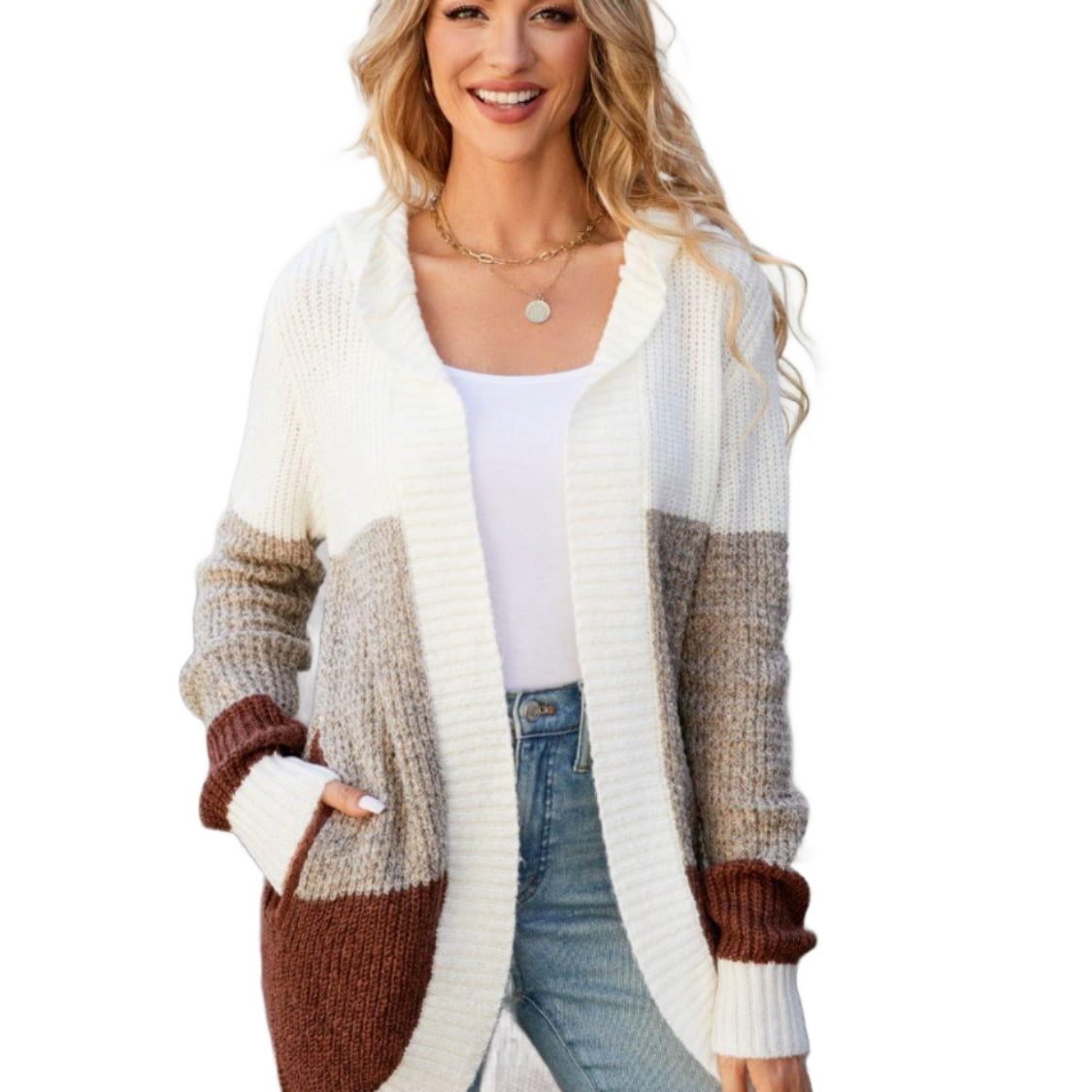 Women's Sweaters - Cardigans Color Block Open Front Hooded Cardigan