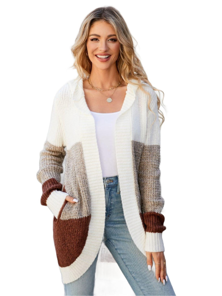 Women's Sweaters - Cardigans Color Block Open Front Hooded Cardigan