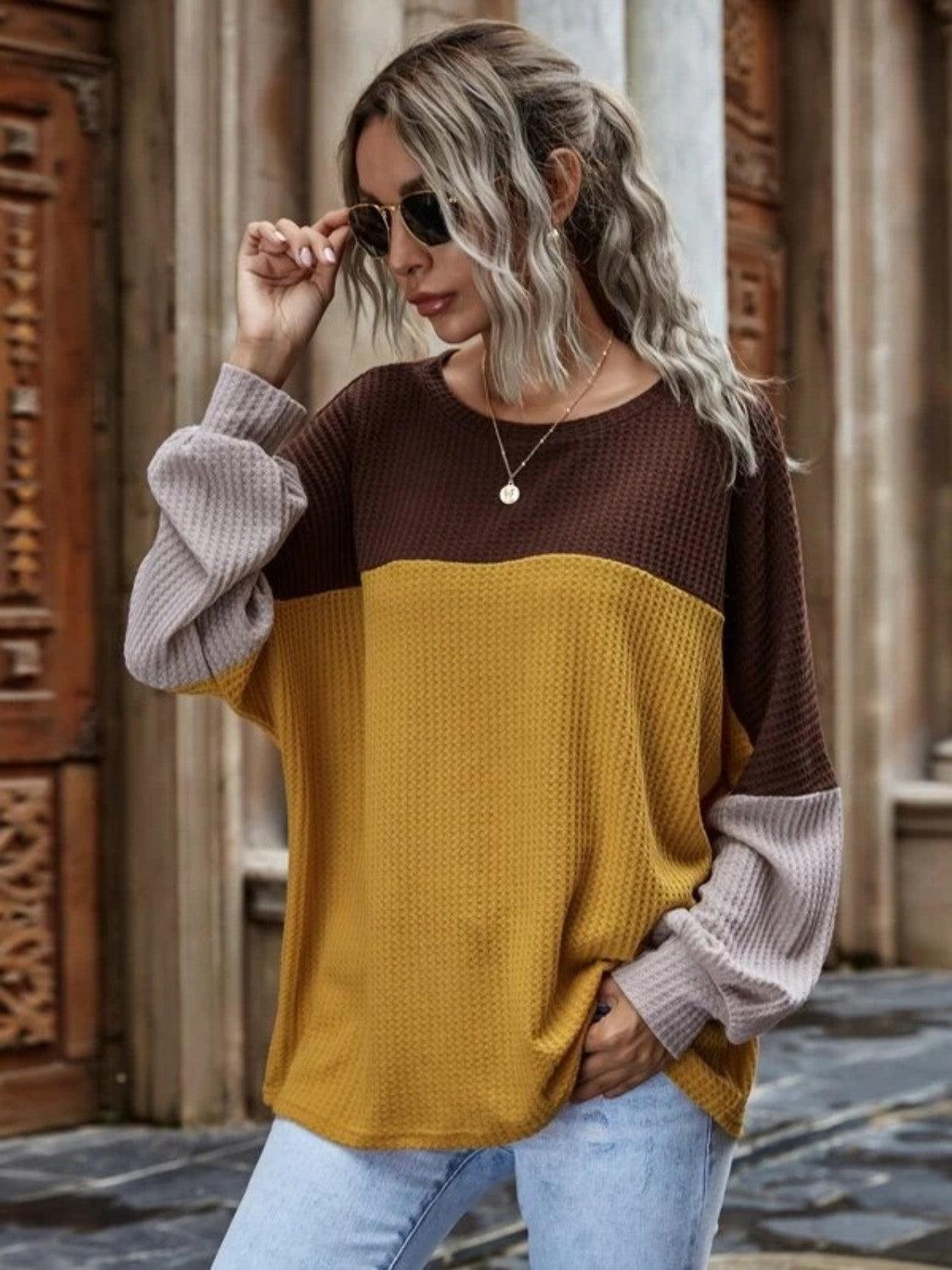 Women's Shirts Color Block Waffle-Knit Long Sleeve Top