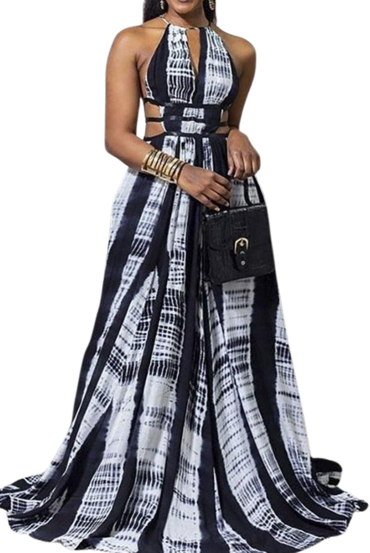 Women's Special Occasion Wear Colorblock Halter Dress Cutout Waist Blue Tie Dye Backless Maxi