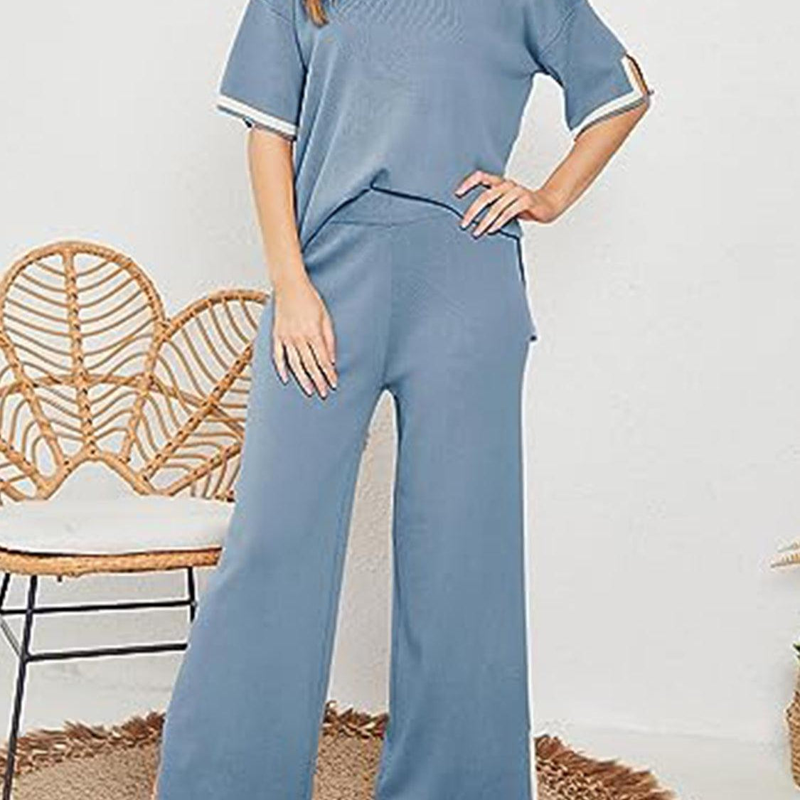 Women's Outfits & Sets Contrast High-Low Sweater and Knit Pants Set