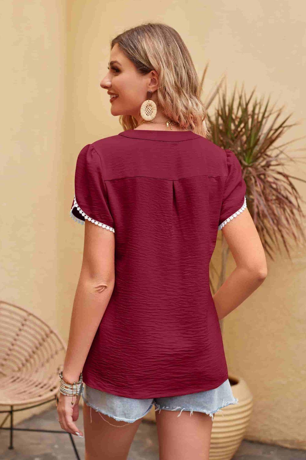 Women's Shirts Contrast Trim Pom-Pom Detail Notched Neck Blouse