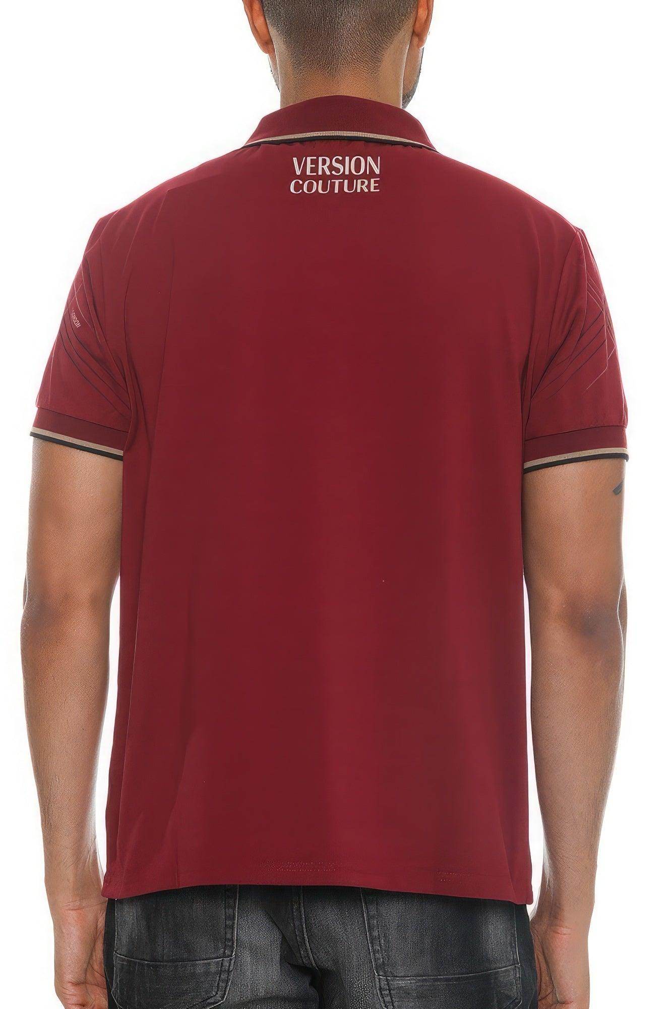 Men's Burgundy Version Couture Button Down Polo Shirt with Stylish Contrast Trim