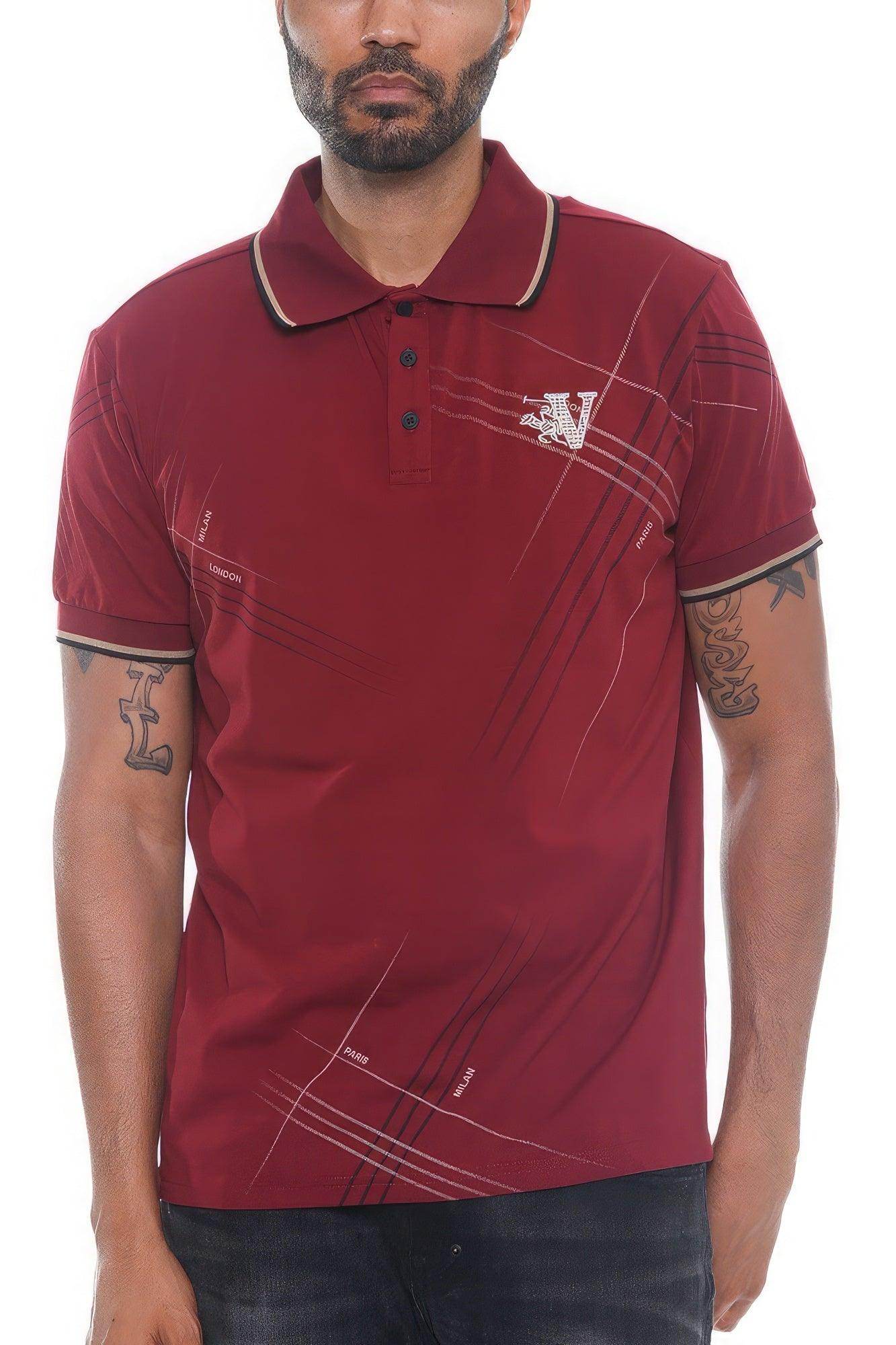 VacationGrabs Men's Couture Button Down Polo in Burgundy with Stylish Stripe Design