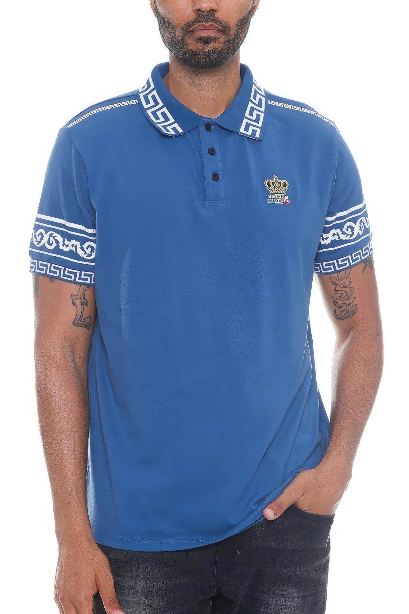 VacationGrabs Couture Polo for Men in Blue with Decorative Greek Pattern and Short Sleeves