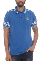 VacationGrabs Couture Polo for Men in Blue with Decorative Greek Pattern and Short Sleeves