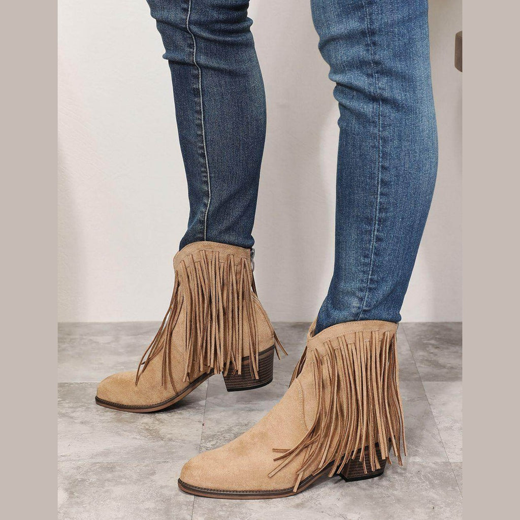 women's tan cowboy boots with fringe detail for casual wear