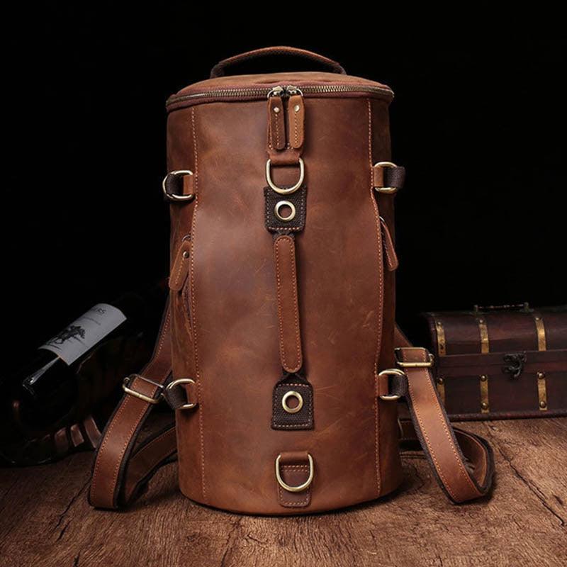 Crazy Horse Leather Bucket Daypack Large Male Travel Bag