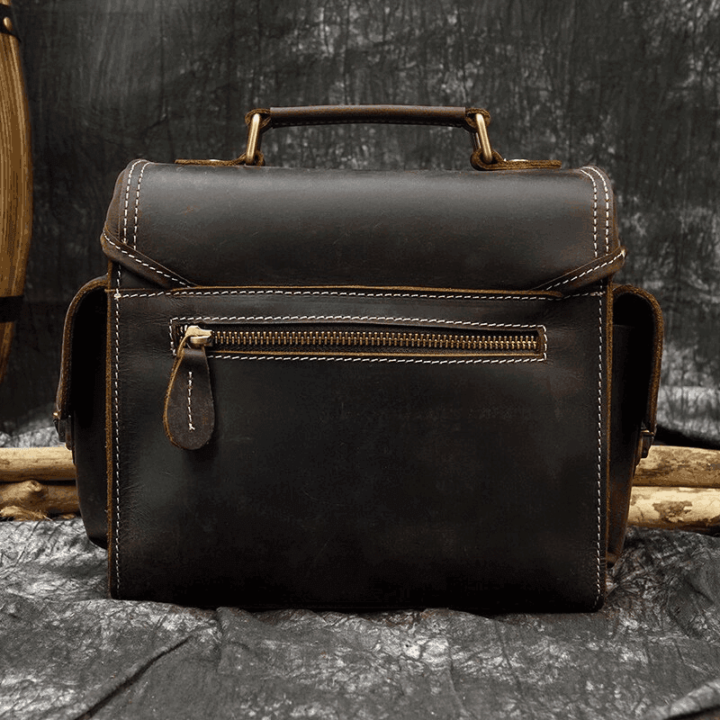 Crazy Horse leather camera bag with sturdy design and exterior zipper for photographers