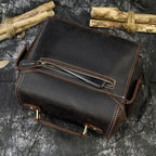 Crazy Horse leather camera bag in dark brown with sturdy stitching and a sleek design for photographers