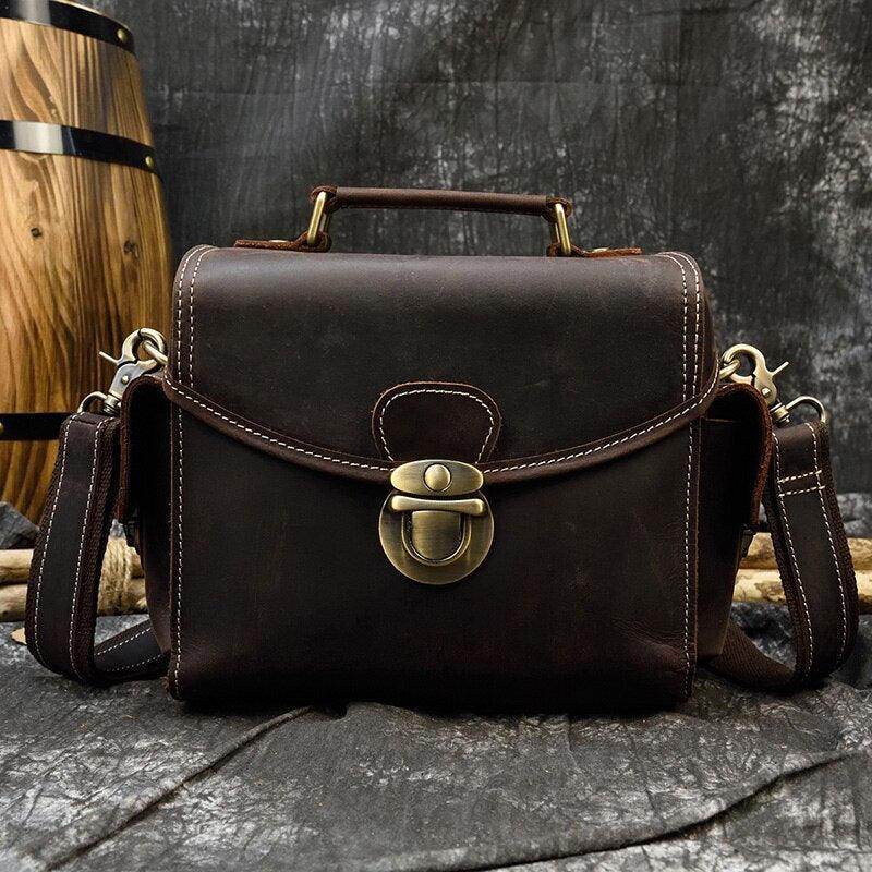 Stylish Crazy Horse leather camera bag with brass lock and adjustable strap for photography enthusiasts