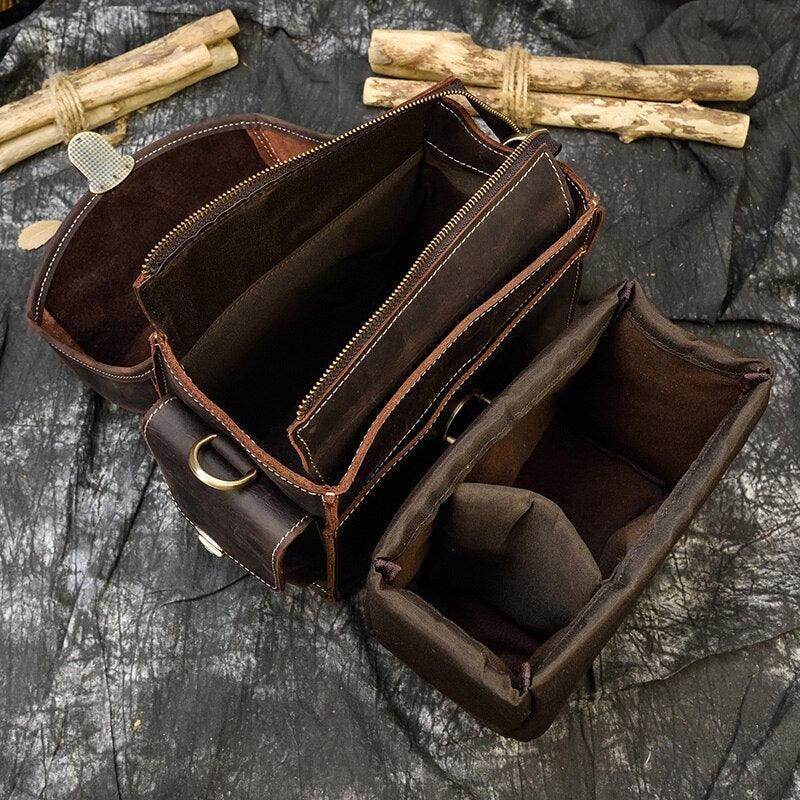 Inside view of Crazy Horse leather camera bag with multiple compartments for organized storage
