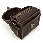 Open Crazy Horse leather camera bag with multiple compartments for photographers and gear storage