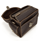 Open Crazy Horse leather camera bag with multiple compartments for photographers and gear storage