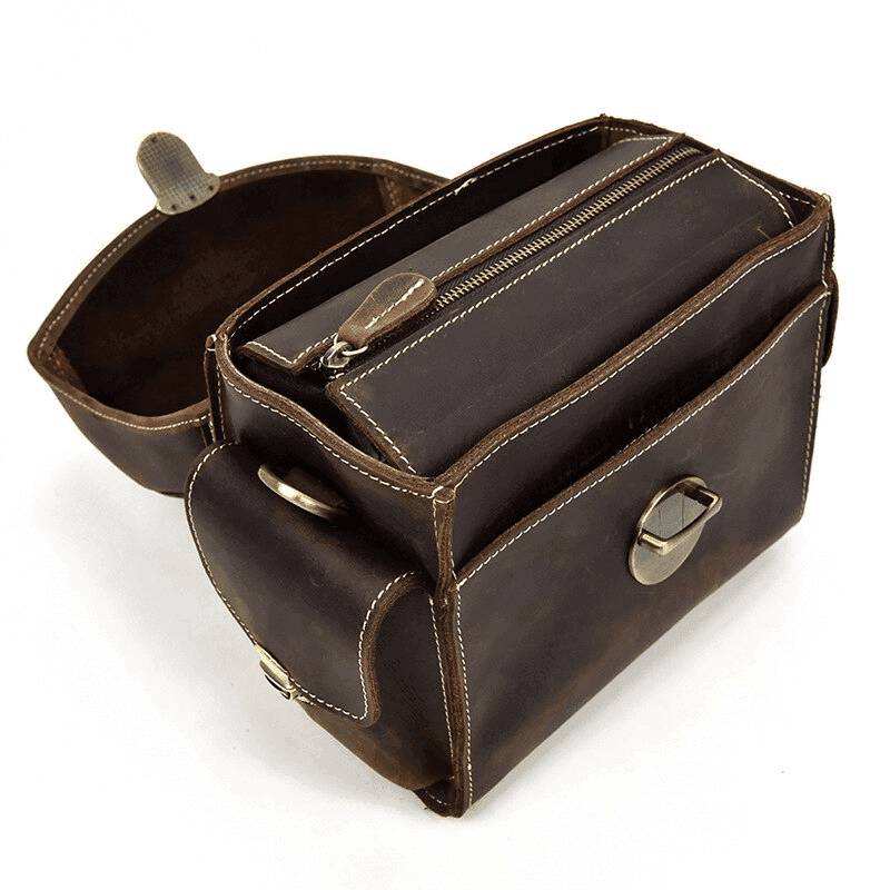 Open Crazy Horse leather camera bag with multiple compartments for photographers and gear storage