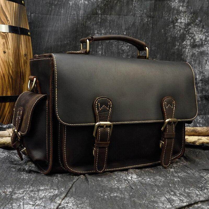 Stylish Crazy Horse leather camera bag with sturdy handles and adjustable straps for photographers