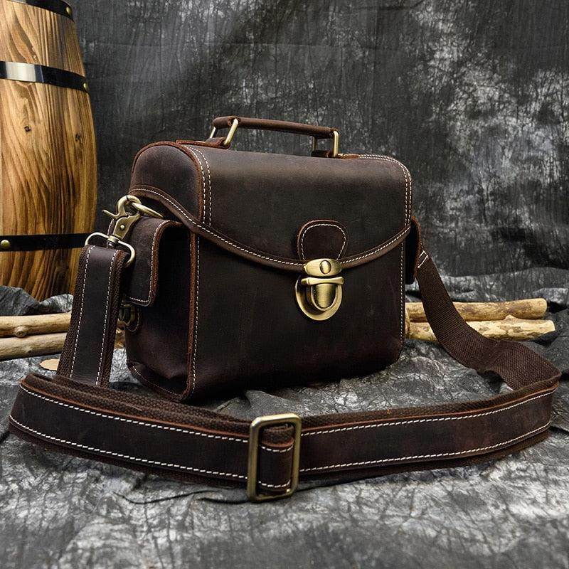 Crazy Horse leather camera bag with adjustable strap and vintage design for photography enthusiasts
