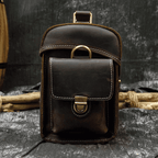 Crazy Horse leather camera bag in dark brown with front pocket and durable design for photographers