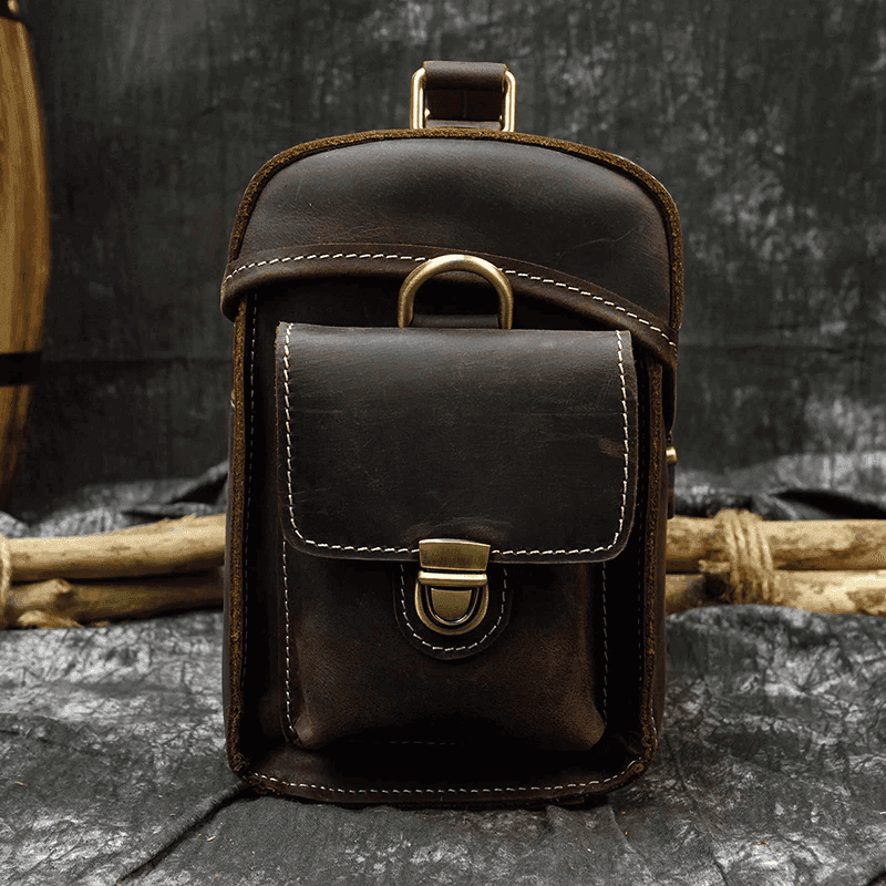 Crazy Horse leather camera bag in dark brown with front pocket and durable design for photographers