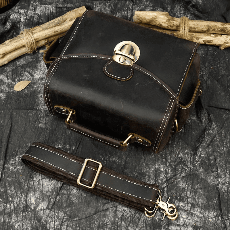Crazy Horse leather camera bag with sturdy design and adjustable strap for photography enthusiasts