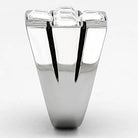 Stylish cross design ring for men made of polished silver with three radiant gemstones