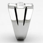 Stylish cross design ring for men made of polished silver with three radiant gemstones