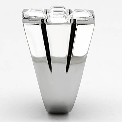 Stylish cross design ring for men made of polished silver with three radiant gemstones