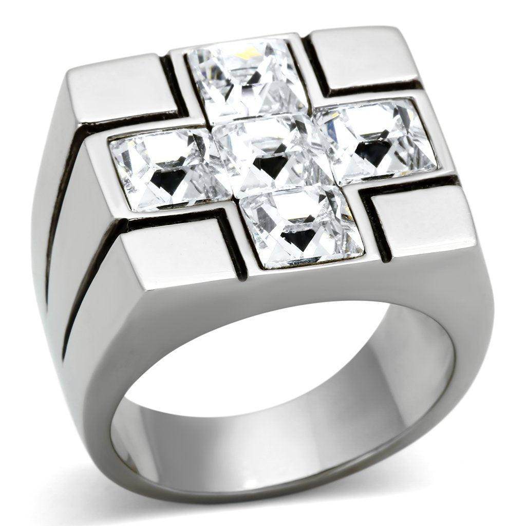 Stylish silver cross design ring for men featuring sparkling clear gemstones