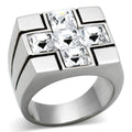 Stylish silver cross design ring for men featuring sparkling clear gemstones