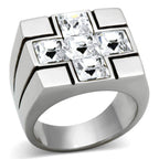 Stylish silver cross design ring for men featuring sparkling clear gemstones