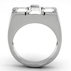 Sleek silver cross design ring for men featuring three clear gemstones