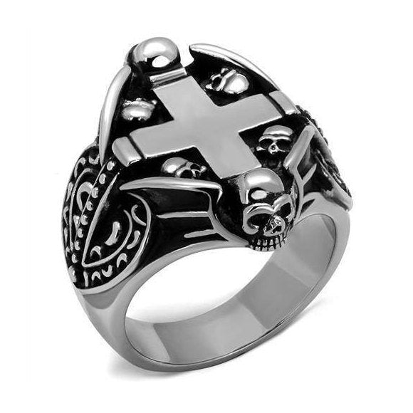 Cross skull epoxy ring in silver with intricate design and polished finish for men
