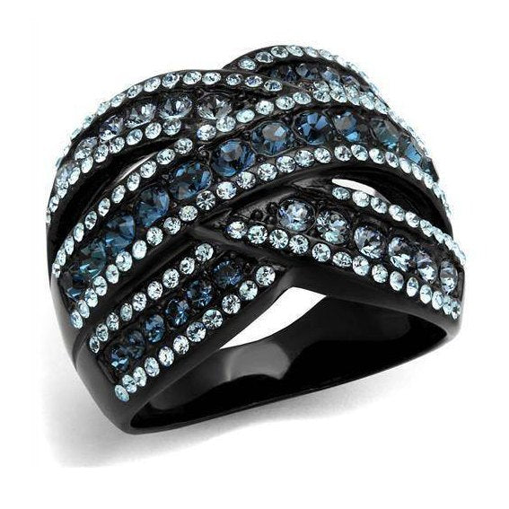 Crystal accent black ring for women featuring a stylish wave design with blue and clear crystals