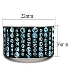 Crystal sea column ring with blue gemstones arranged in a vertical pattern on a black band