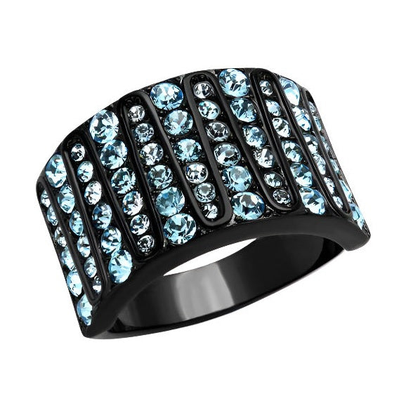 Crystal sea column ring featuring a bold design with sparkling blue crystals on a black band