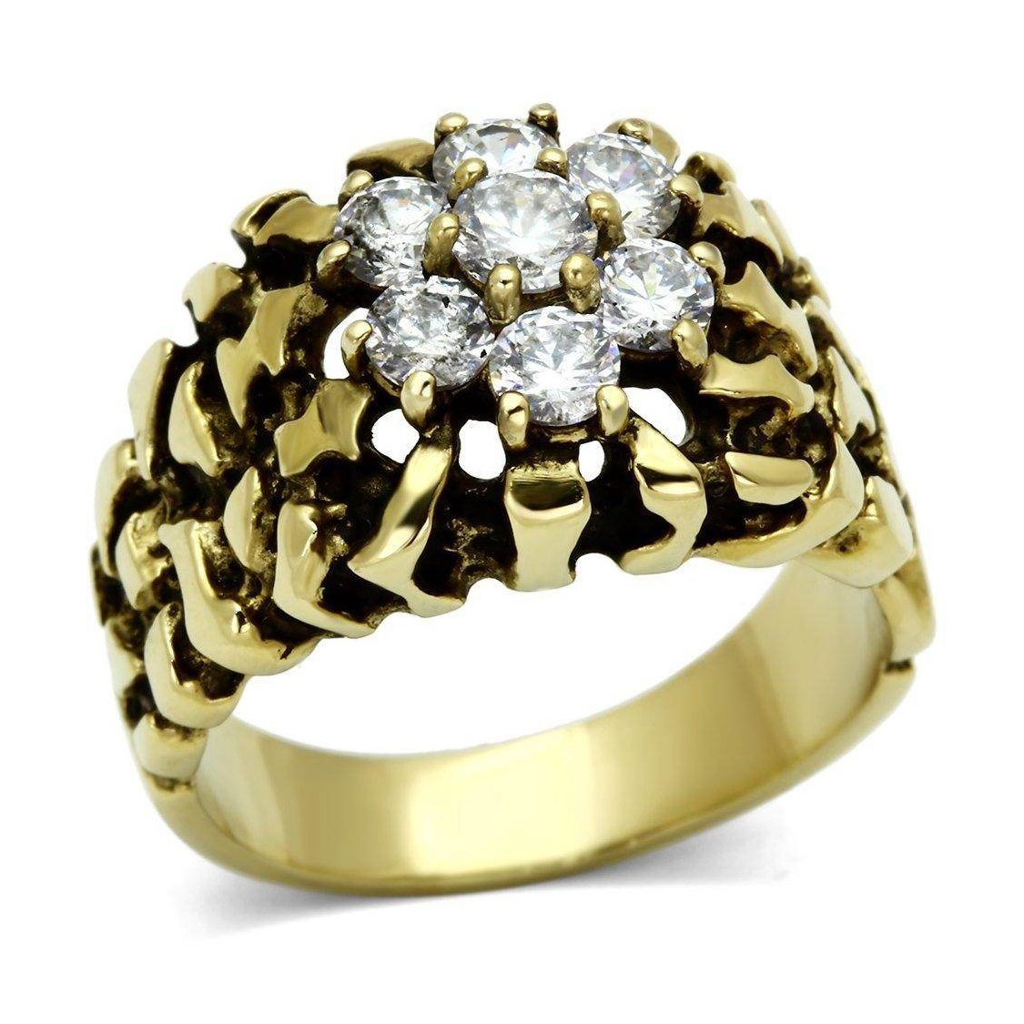 VacationGrabs cubic zirconia gold ring with intricate design and sparkling stones