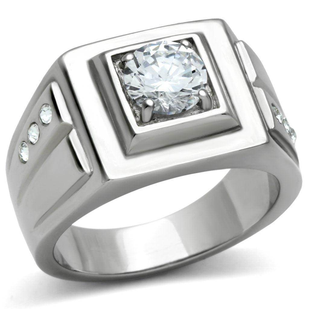 Modern men's ring with a large cubic zirconia and smaller stones, perfect cubic zirconia mens jewelry for special occasions
