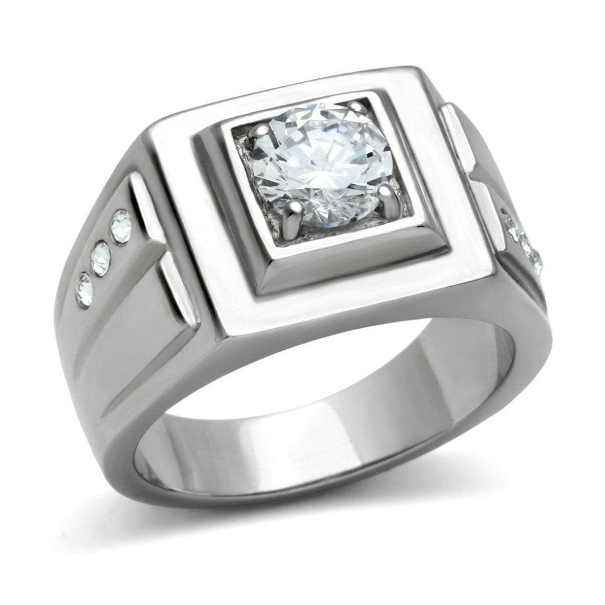 Modern men's ring with a large cubic zirconia and smaller stones, perfect cubic zirconia mens jewelry for special occasions