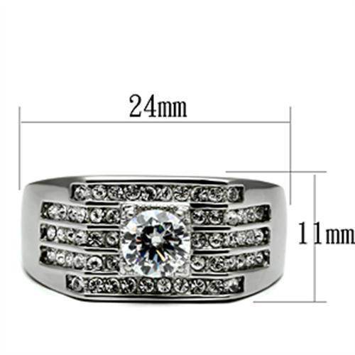 Stylish cubic zirconia mens ring featuring a large center stone and multiple rows of sparkling accents