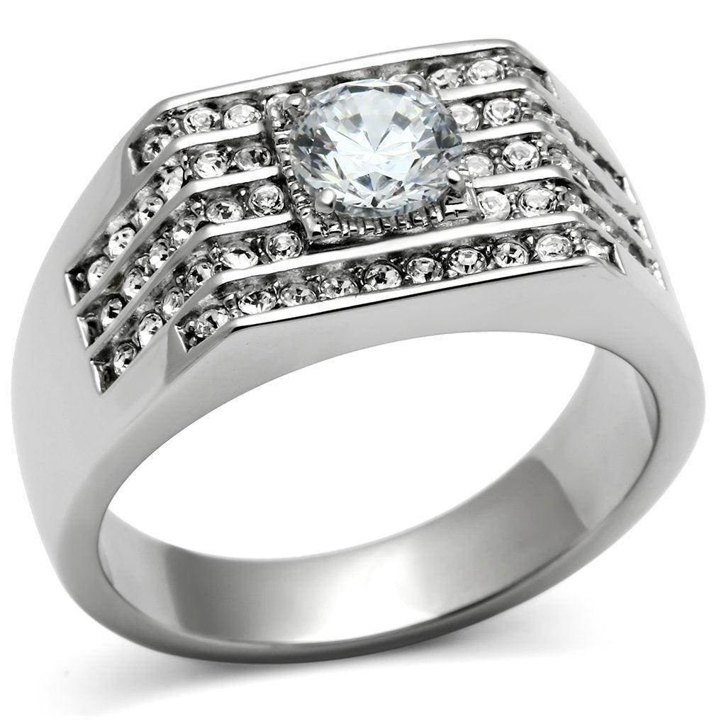 Stylish cubic zirconia mens ring with a central stone and adorned with smaller gems