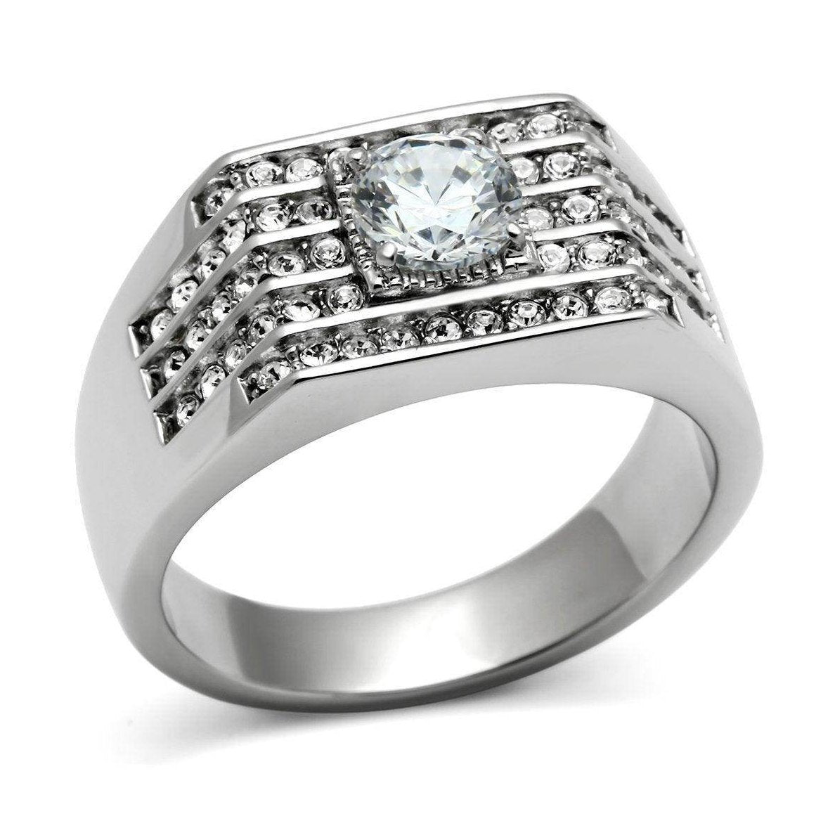 Stylish cubic zirconia mens ring with a central stone and adorned with smaller gems