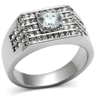 Stylish cubic zirconia mens ring with a central stone and adorned with smaller gems