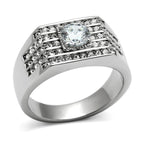 Stylish cubic zirconia mens ring with a central stone and adorned with smaller gems