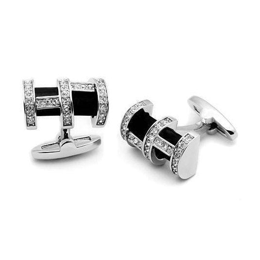 Silver cufflinks men's with black accents and sparkling crystals for formal occasions
