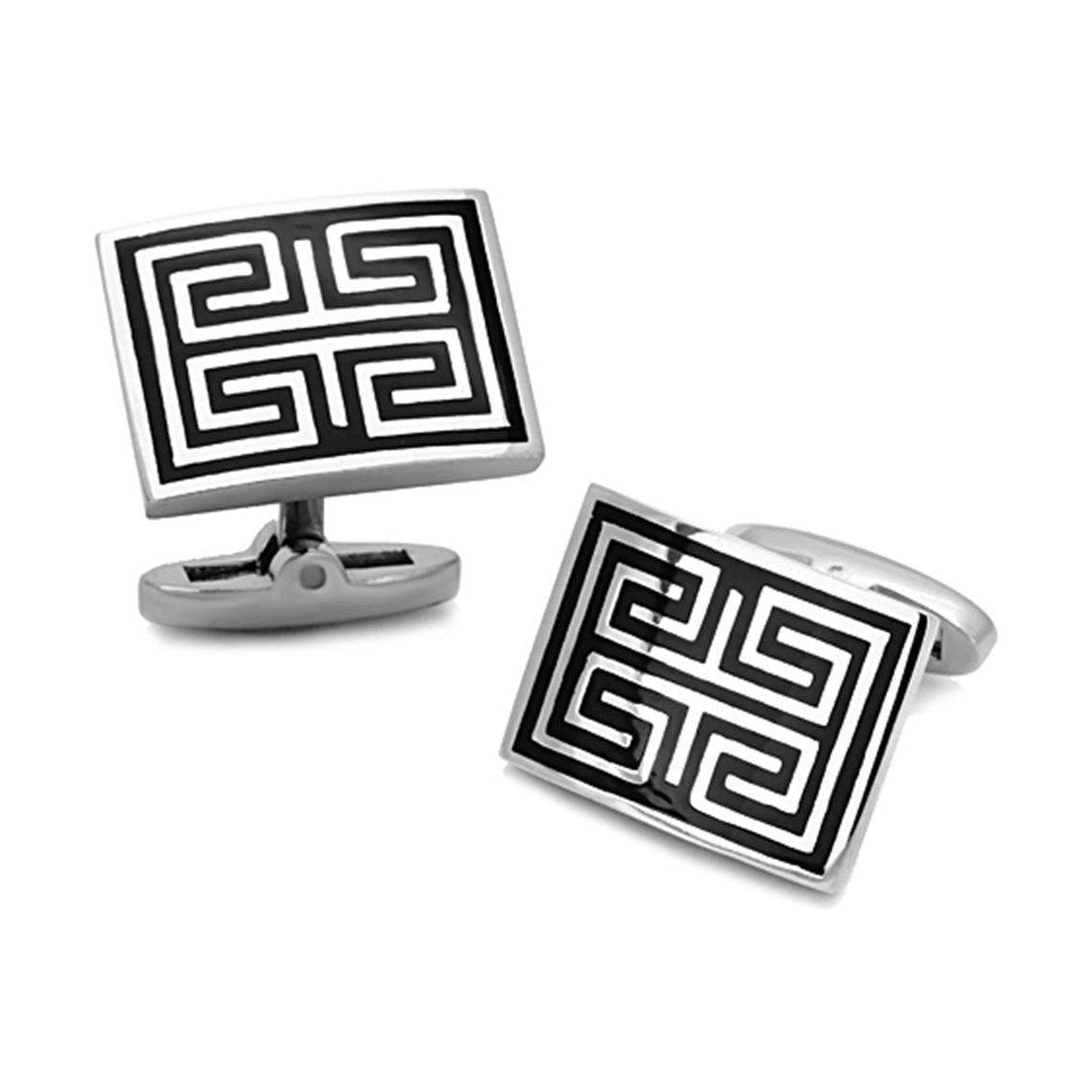 Silver cufflinks men's with intricate black geometric design for formal occasions