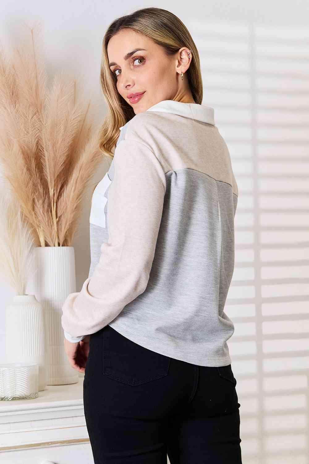 Trendsi women's curved hem casual blouse in light gray and beige with a stylish back design