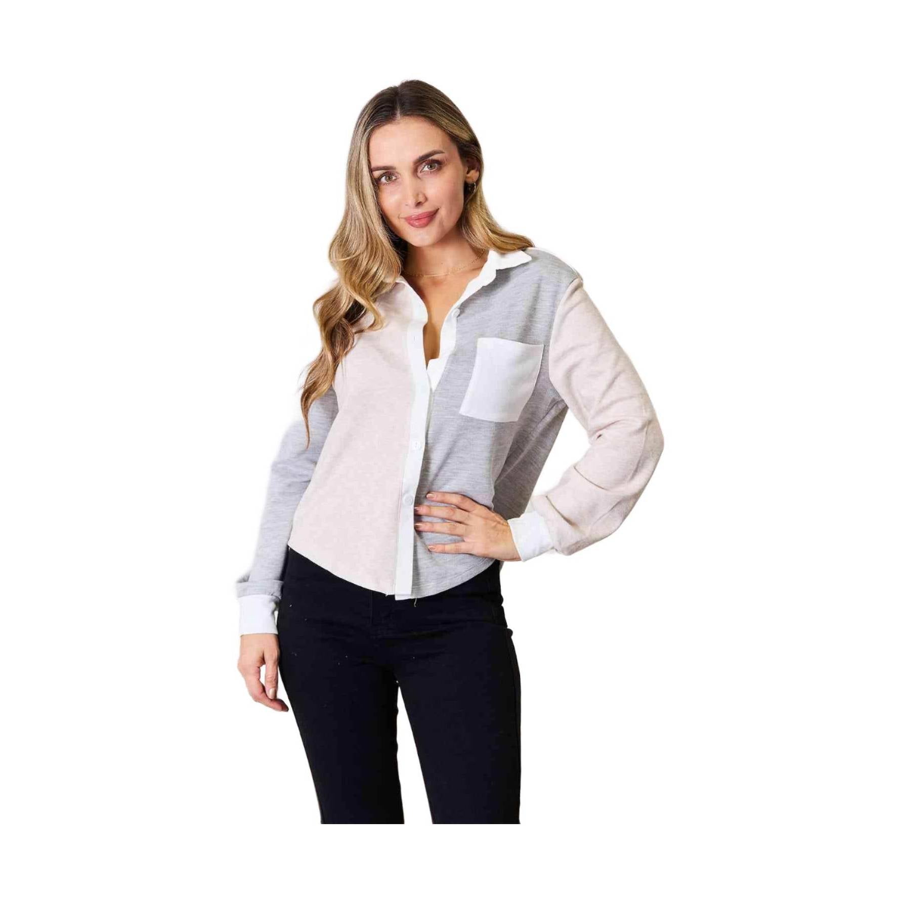 Trendsi women's curved hem casual blouse with a stylish button-down design and contrast colors