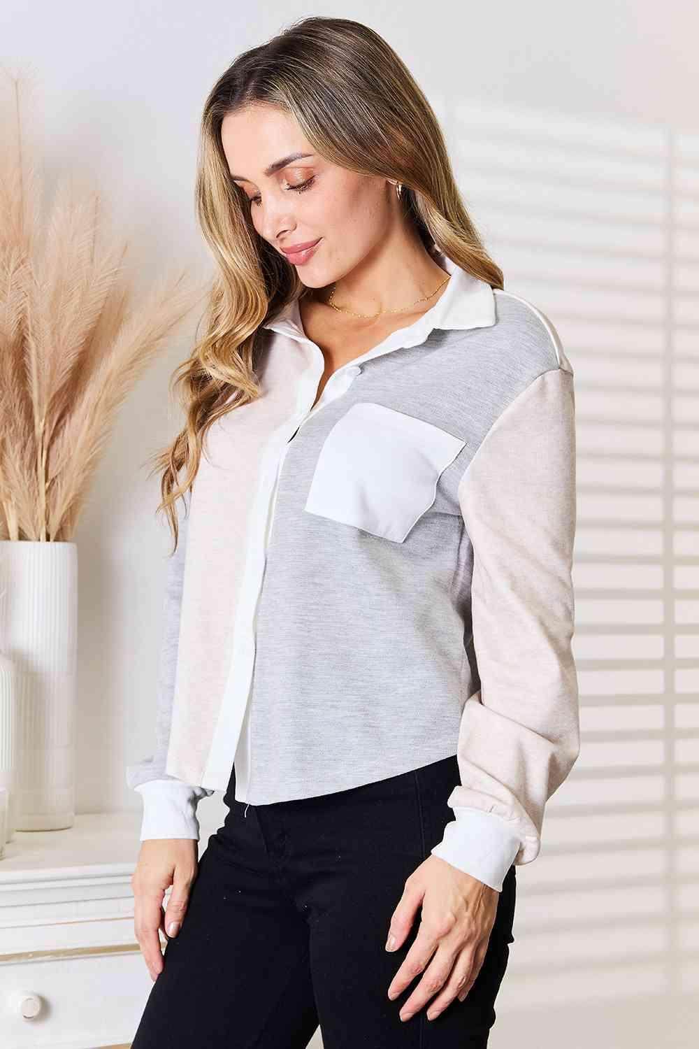 Trendsi women's curved hem casual blouse in gray and white with stylish pocket detail